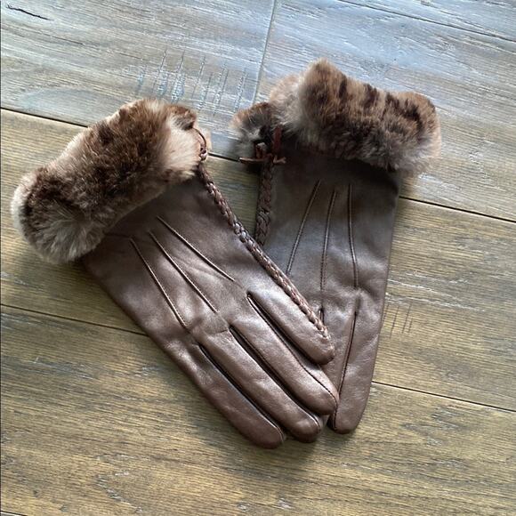 Brown Leather Gloves with Fur Trim Womens Sz Medium - Picture 1 of 5